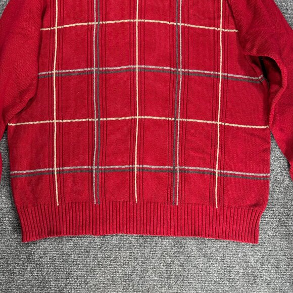 Oscar De La Renta Sweater Mens XL Red Plaid Cotton Crew Neck Ribbed Cuffs Hem - Picture 2 of 7